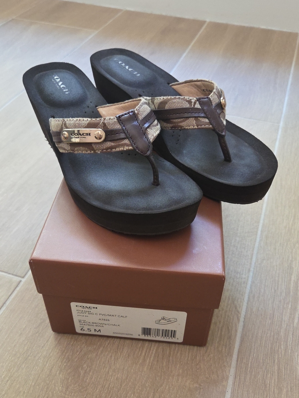 COACH Brown Signature Platform Thong Sandals with Logo Plaque
